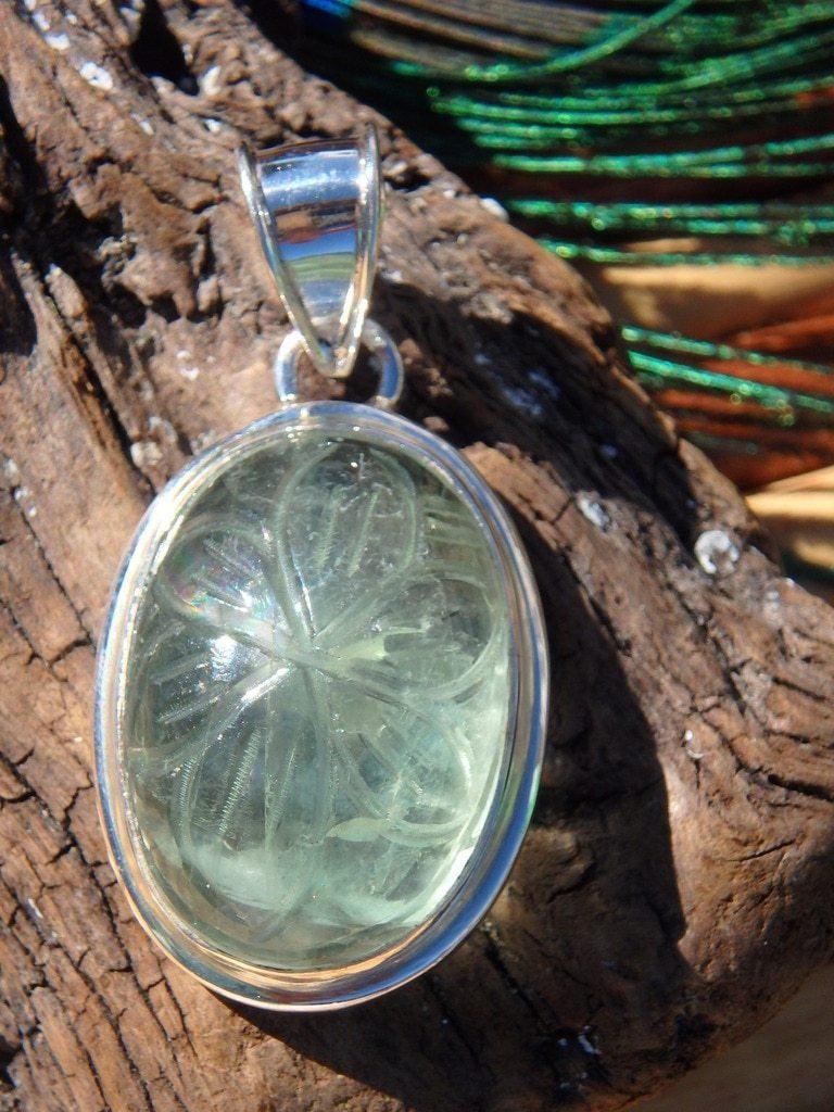 Amazingly Unique  Flower Carved Green Fluorite Gemstone Pendant In Sterling Silver (Includes Silver Chain) - Earth Family Crystals