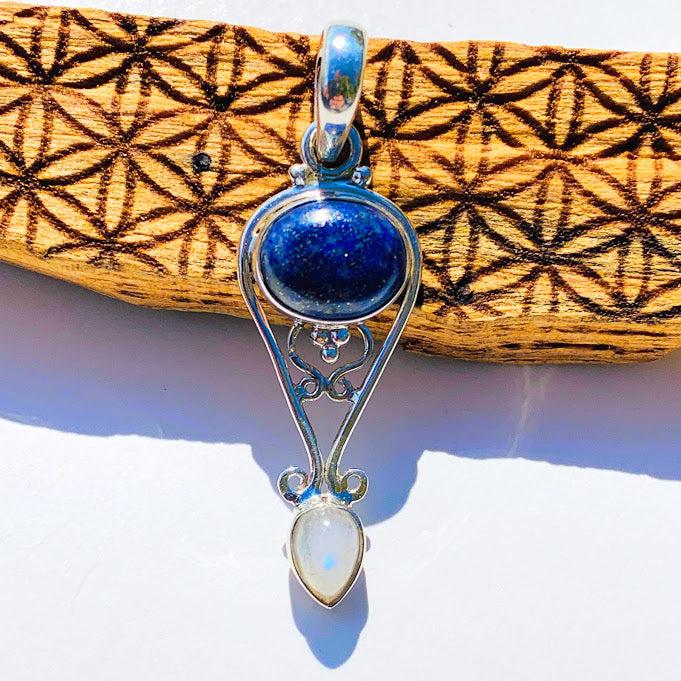 Lovely Lapis Lazuli & Moonstone Sterling Silver Pendant (Includes Silver Chain) #1 - Earth Family Crystals