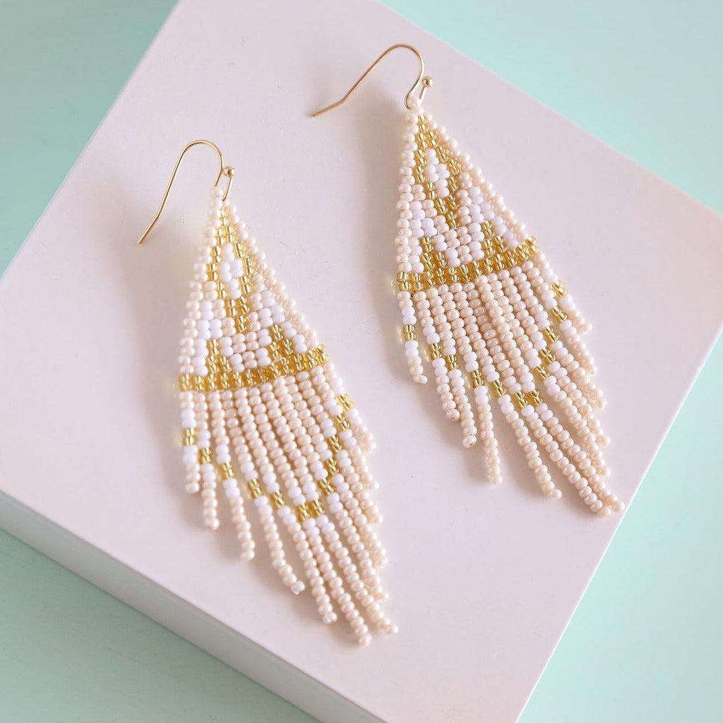 Creamy White & Golden Beaded  Earrings (Hypoallergenic Hook) - Earth Family Crystals