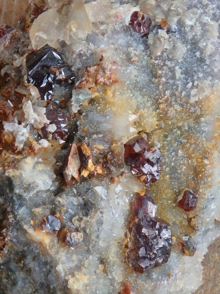 Rich Burgundy Garnet Nestled in Glimmering Quartz & Calcite Specimen - Earth Family Crystals