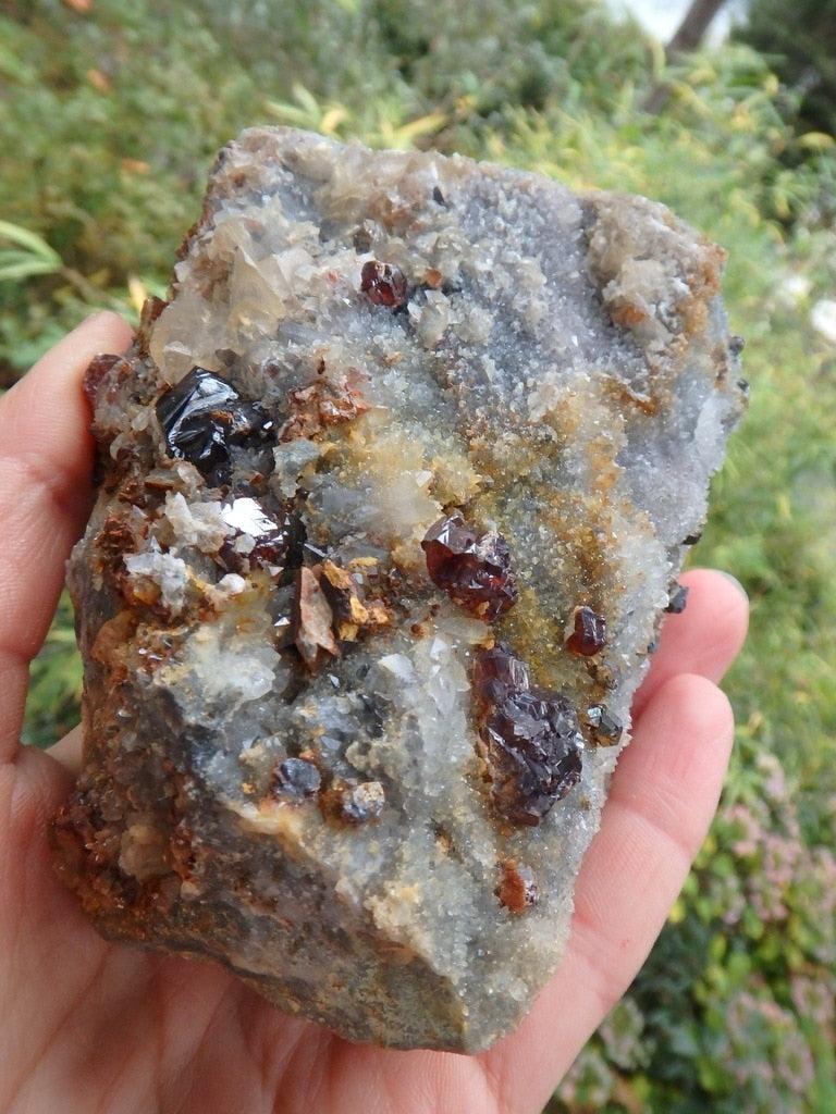 Rich Burgundy Garnet Nestled in Glimmering Quartz & Calcite Specimen - Earth Family Crystals