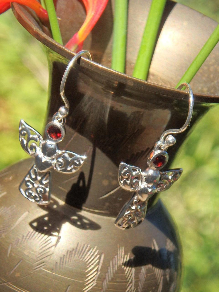 Faceted Red Garnet Angel Blessings Earrings in Sterling Silver - Earth Family Crystals