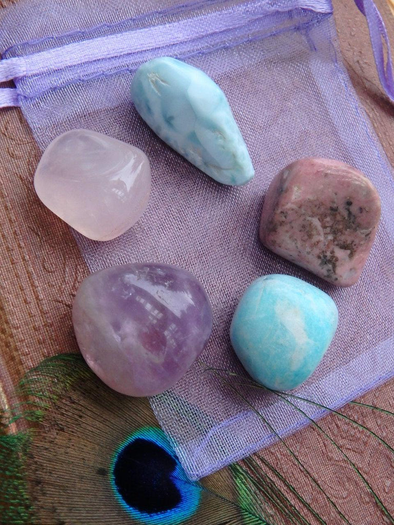 The Ultimate Goddess Kit~ Blue Larimar, Amazonite, Amethyst, Rose Quartz & Rhodonite Stones - Earth Family Crystals