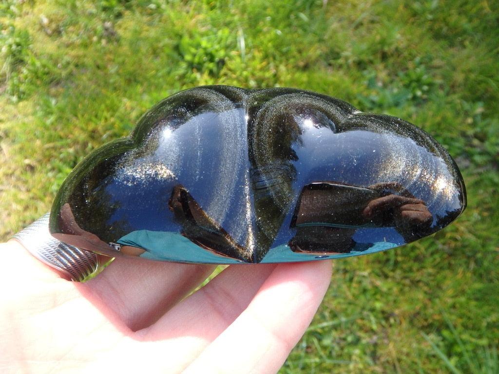 Glittering Golden Sheen Obsidian Double Heart Carving - Earth Family Crystals