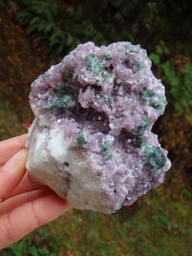 XL Incredible Green Tourmaline Points Nestled In Lilac Lepidolite Cluster - Earth Family Crystals