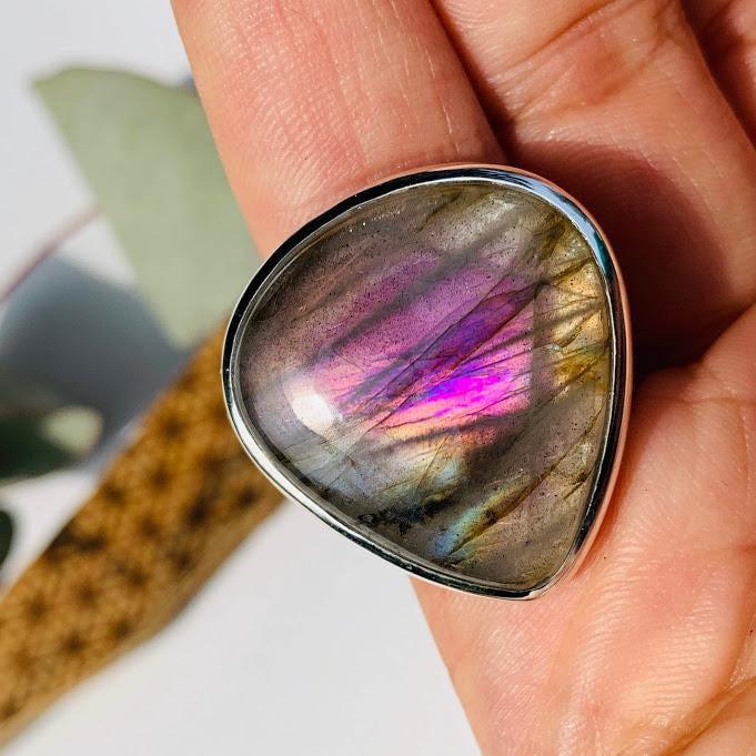 Chunky & Rare Purple & Pink Labradorite Gemstone Ring in Sterling Silver (Size 10) - Earth Family Crystals