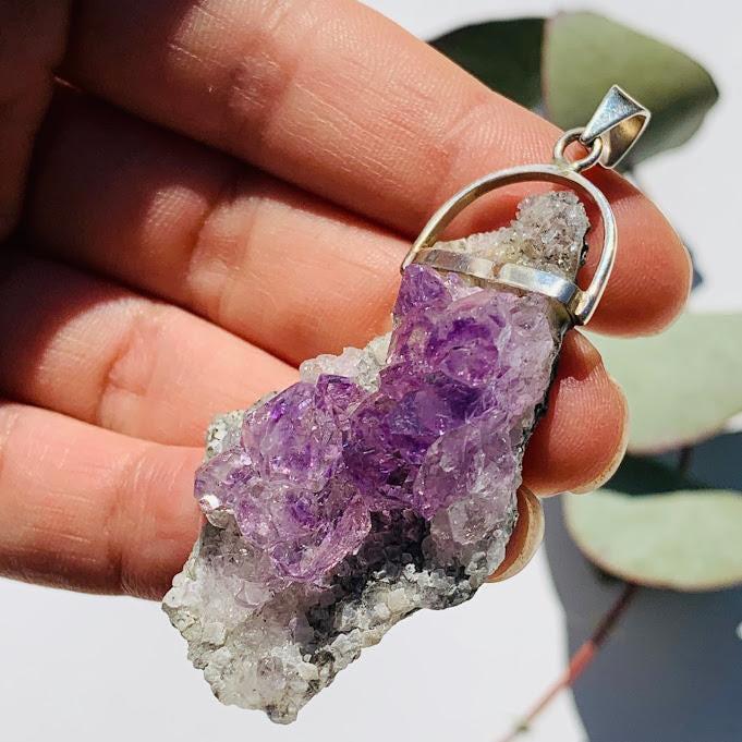 Breathtaking Gemmy Raw Lavender Amethyst Flower on Matrix Sterling Silver Pendant (Includes Silver Chain) - Earth Family Crystals
