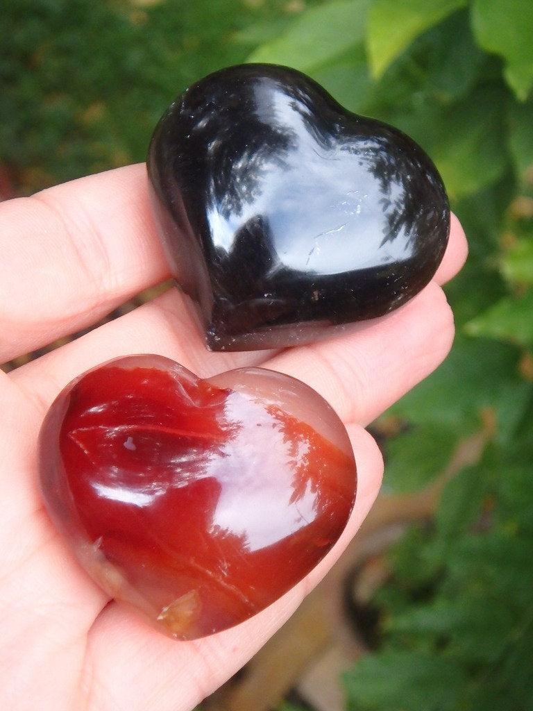 Set Of 2-Carnelian & Smoky Quartz Love Hearts - Earth Family Crystals
