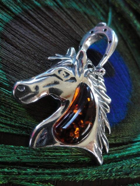 Cognac BALTIC AMBER HORSE Pendant In Sterling Silver* Includes Free Silver Chain - Earth Family Crystals