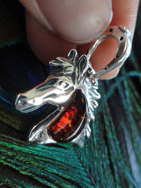 Cognac BALTIC AMBER HORSE Pendant In Sterling Silver* Includes Free Silver Chain - Earth Family Crystals