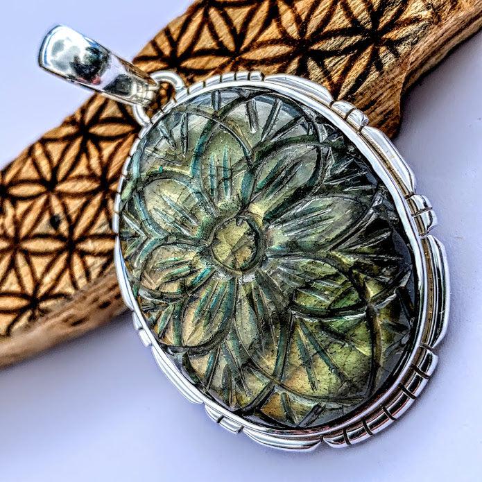 Fabulous Flower Carved Large Labradorite Pendant in Sterling Silver (Includes Silver Chain) #2 - Earth Family Crystals