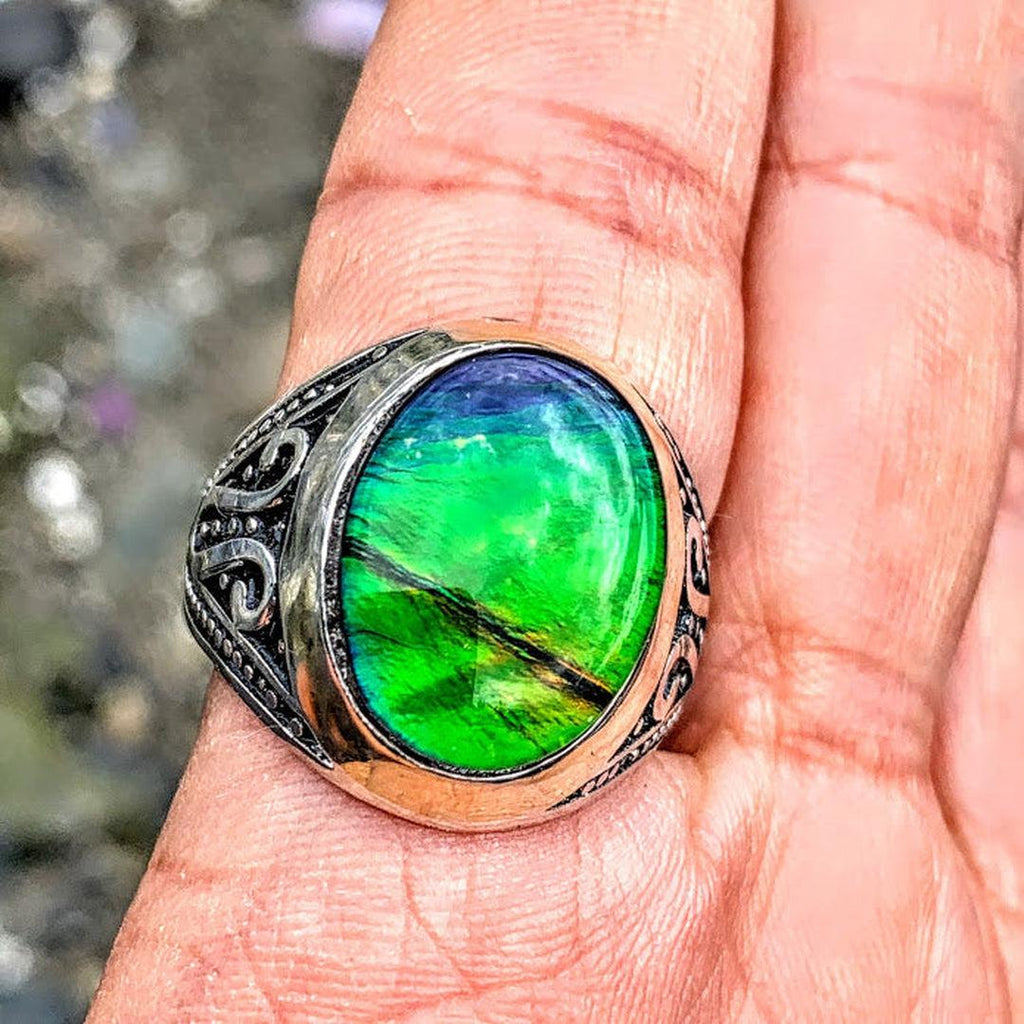 High Grade Quartz Capped Alberta Ammolite Ring in Sterling Silver (Size 11) - Earth Family Crystals
