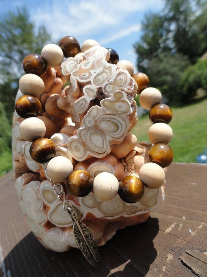 Handmade TIGER EYE/WOOD Bead Feather Charm Bracelet~ - Earth Family Crystals