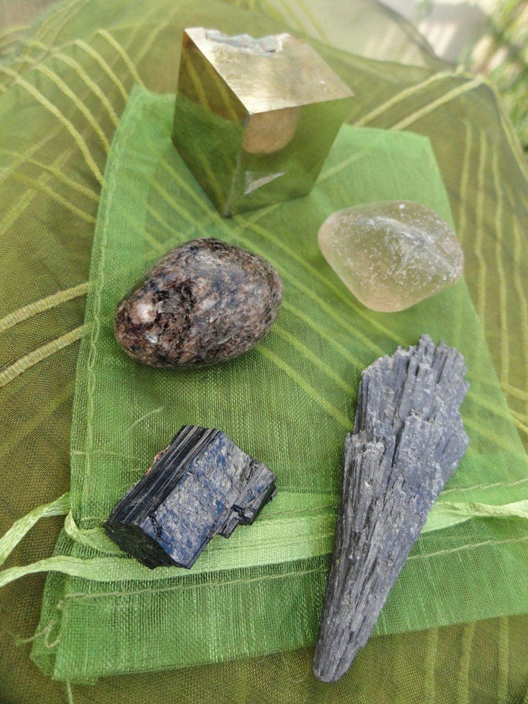 The Ultimate ~ EXTREME GROUNDING CRYSTAL Kit**(Includes Black Kyanite Wand, Dravite,Iron Pyrite Cube,Black Tourmaline,Smoky Quartz) - Earth Family Crystals
