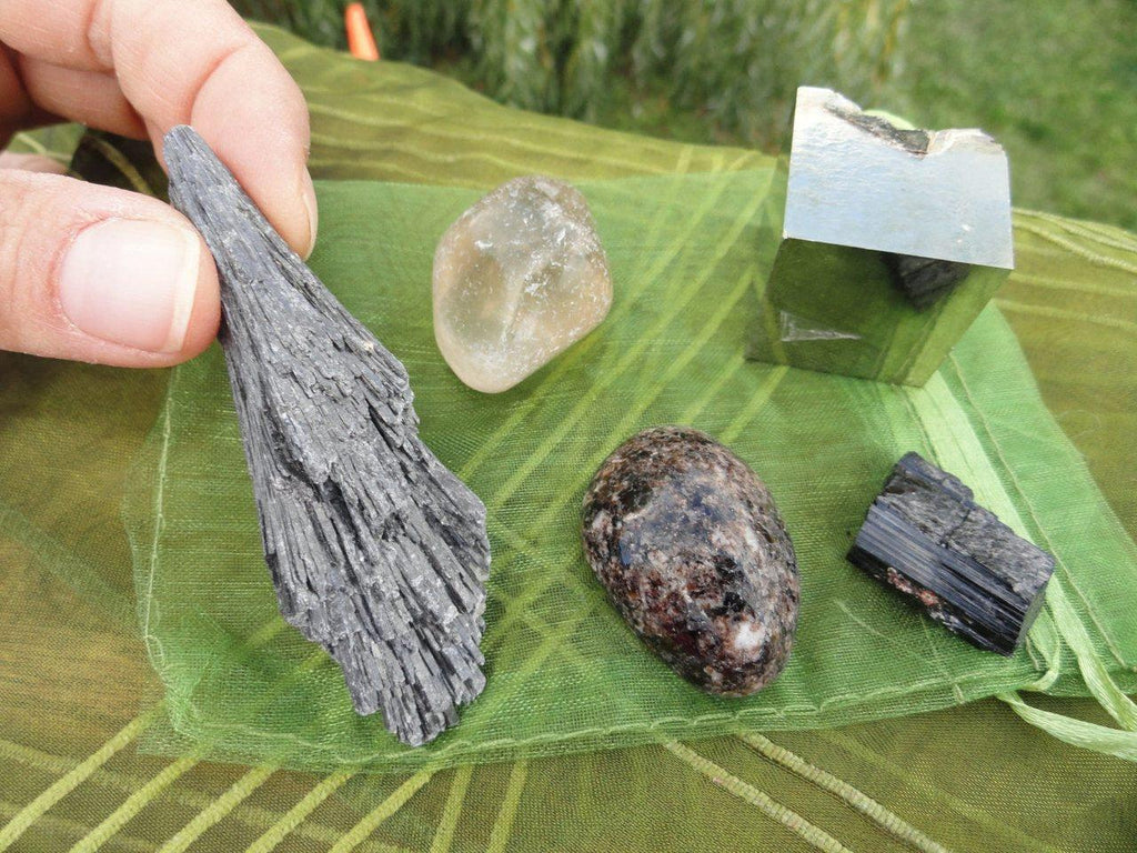 The Ultimate ~ EXTREME GROUNDING CRYSTAL Kit**(Includes Black Kyanite Wand, Dravite,Iron Pyrite Cube,Black Tourmaline,Smoky Quartz) - Earth Family Crystals