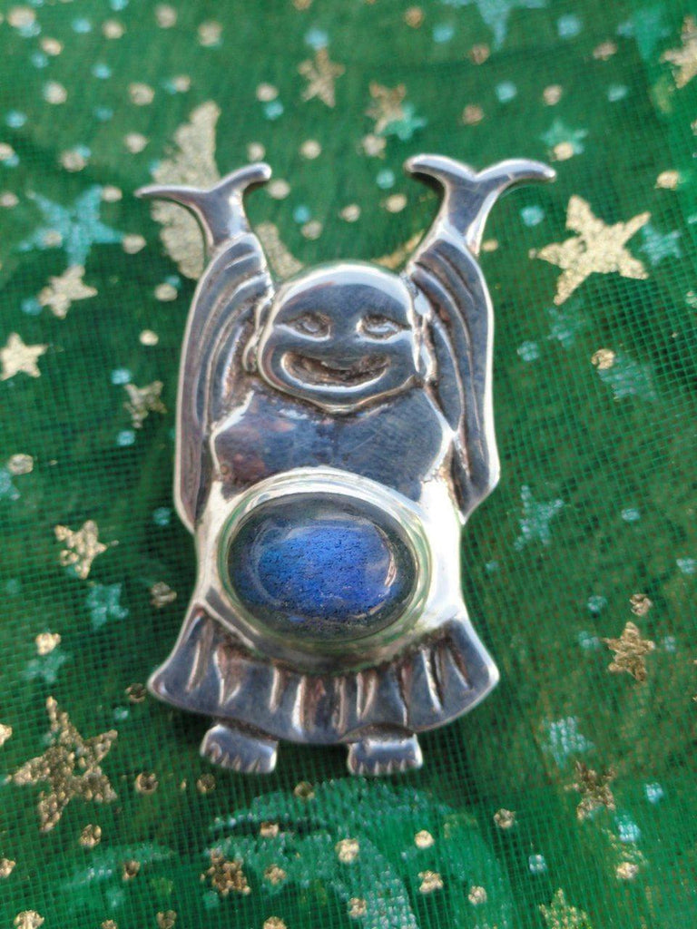 Laughing BUDDHA PENDANT With Blue LABRADORITE Stone In Sterling Silver* Includes Free Silver Chain - Earth Family Crystals