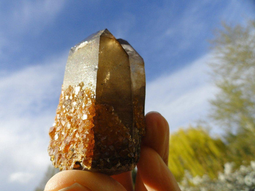 Gorgeous Natural Twin SMOKY QUARTZ Cluster With SPESSARTINE Garnet* - Earth Family Crystals