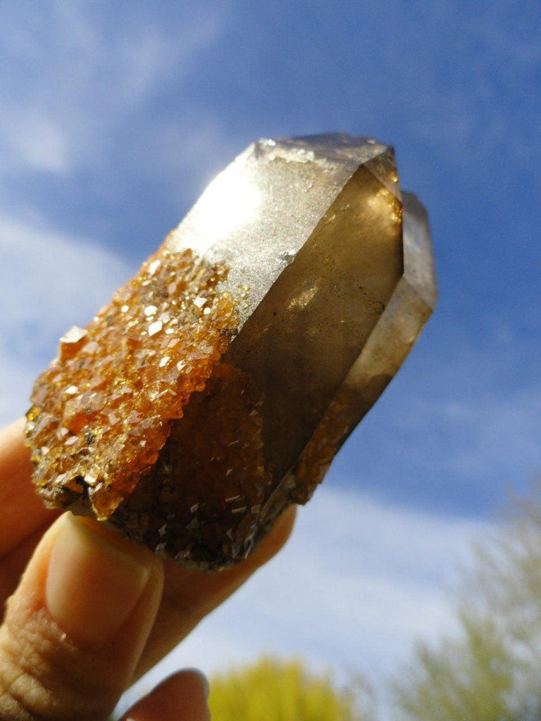 Gorgeous Natural Twin SMOKY QUARTZ Cluster With SPESSARTINE Garnet* - Earth Family Crystals