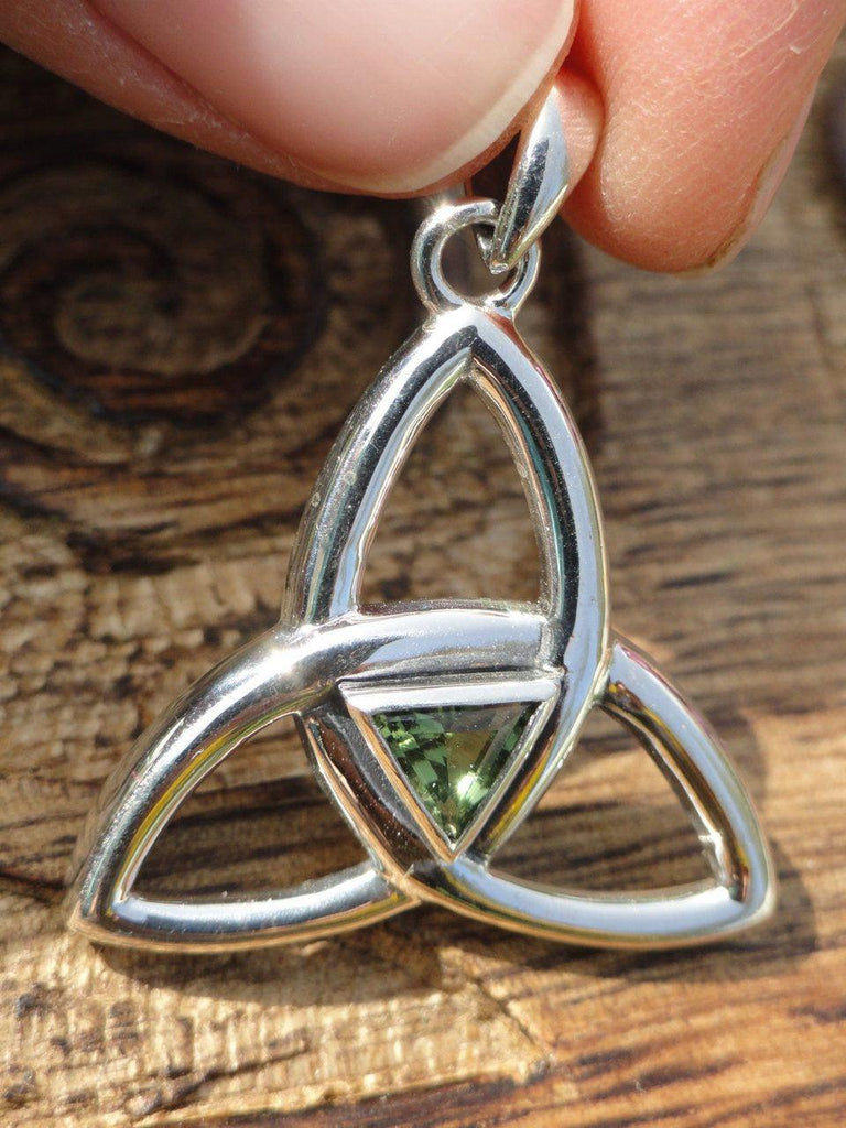 High Quality MOLDAVITE TRIQUETRA Sterling Silver Pendant * Includes Free Silver Chain* - Earth Family Crystals