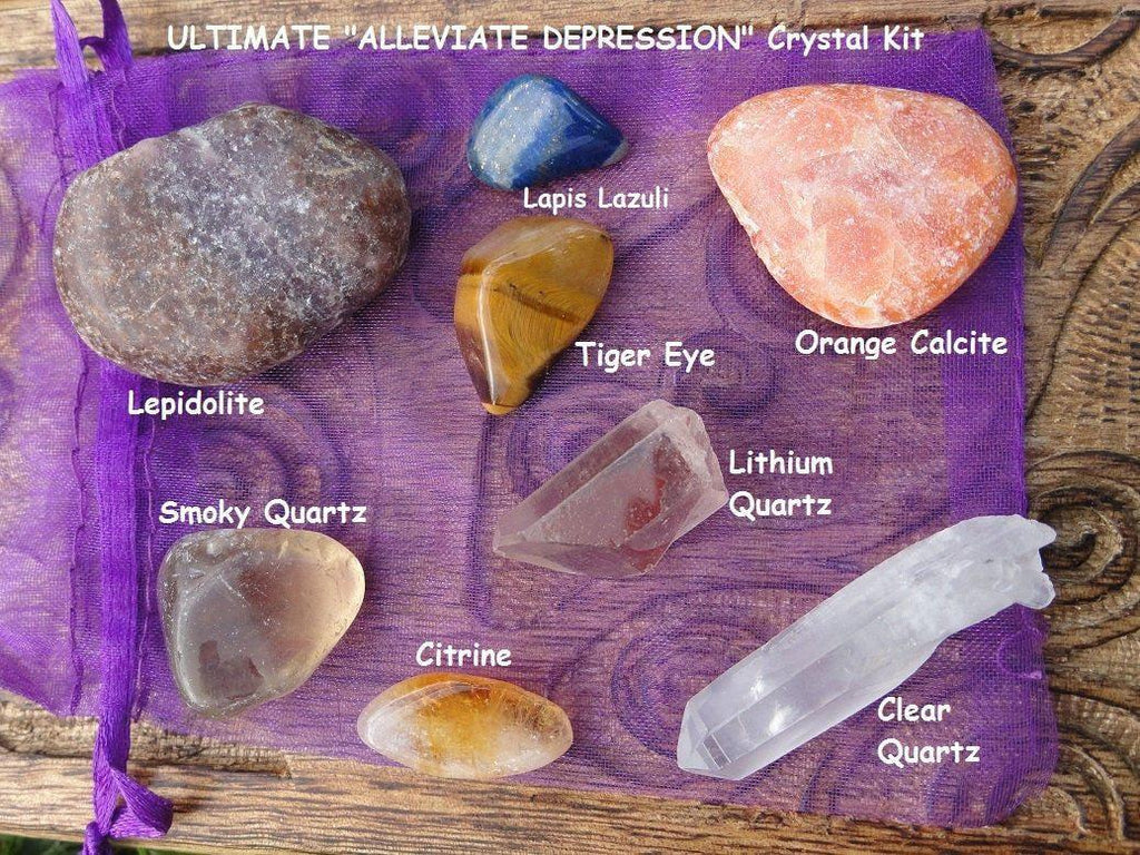 The Ultimate "Alleviate Depression" Crystal Kit* (Orange calcite, Lepidolite, Lapis, Quartz,Tiger Eye, Smoky Quartz, Citrine,Lithium quartz) - Earth Family Crystals