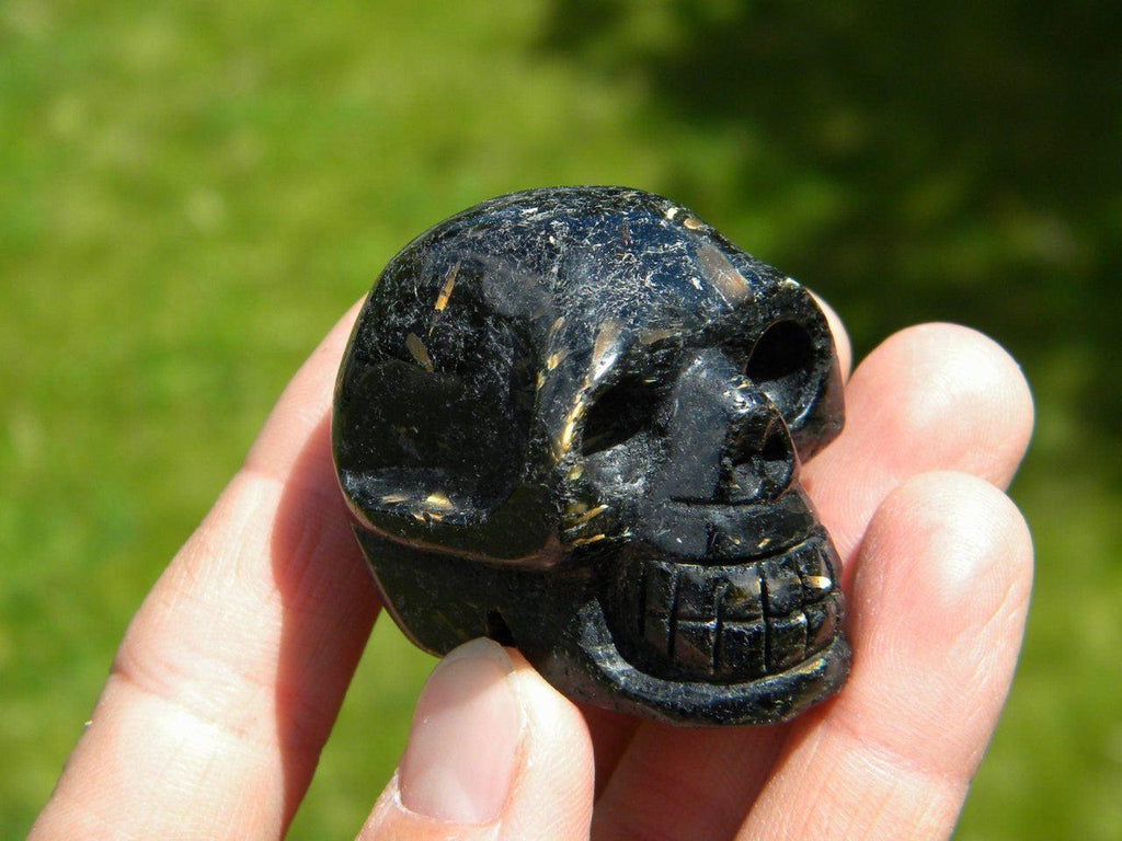 Mysterious Black NUUMMITE SKULL With GOLDEN Flash From Greenland* - Earth Family Crystals