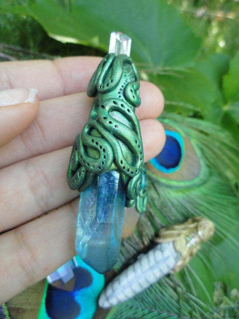 Stunning AQUA AURA Quartz & DANBURITE Handmade Pendant*Reiki Crystal Healing Magic Hippie - Earth Family Crystals