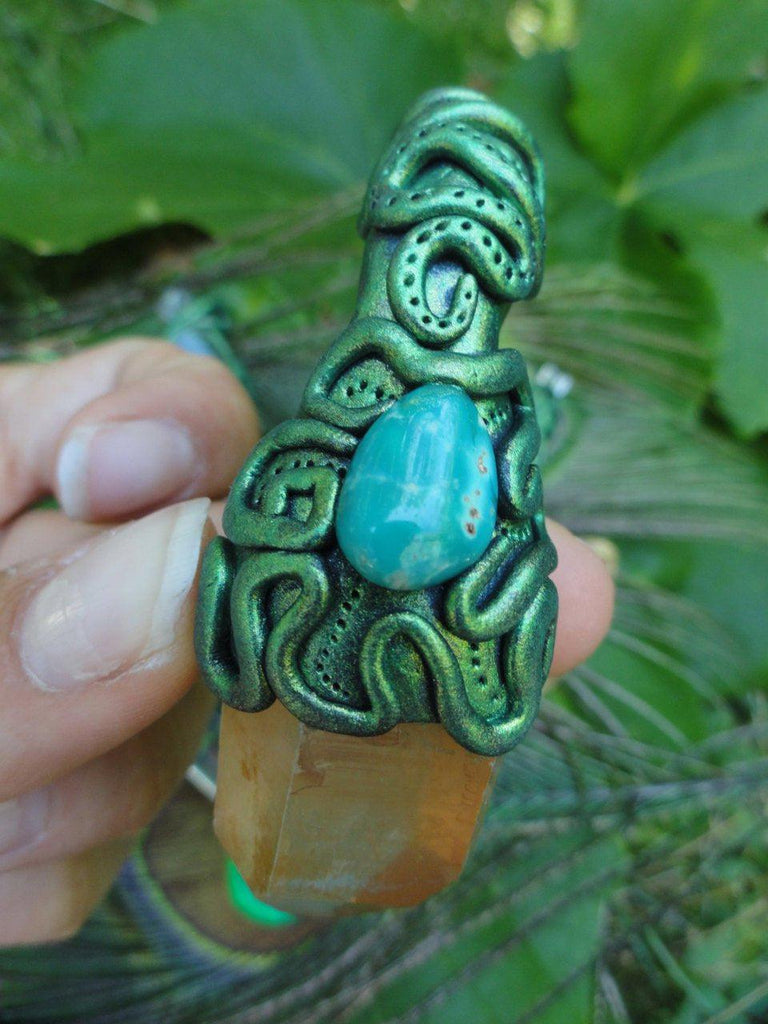 Striking TANGERINE QUARTZ & Arizona TURQUOISE Handmade Pendant* Reiki Crystal Healing Magic Hippie - Earth Family Crystals