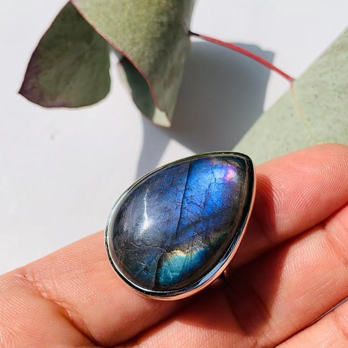 Chunky & Rare Purple Labradorite Gemstone Ring in Sterling Silver (Size 9) - Earth Family Crystals
