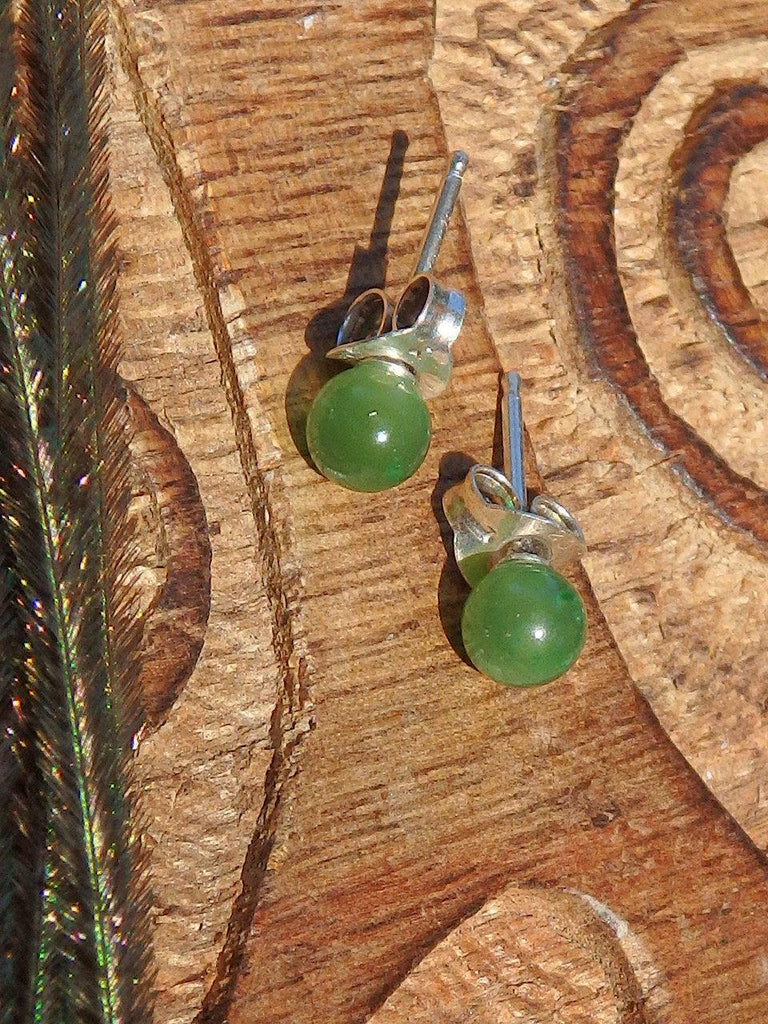 Tiny Forest Green Jade Stud Earrings in Sterling Silver - Earth Family Crystals