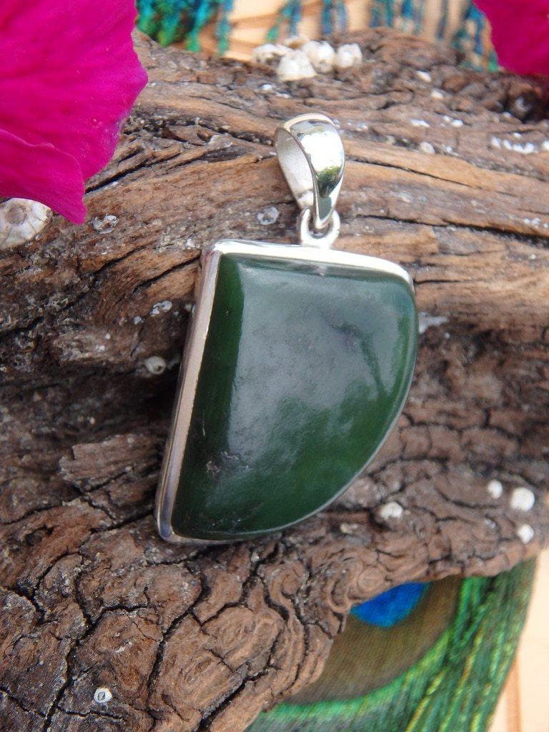 Divine Dark Green Jade Gemstone Pendant In Sterling Silver (Includes Silver Chain) - Earth Family Crystals
