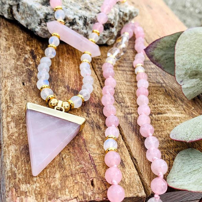 Gorgeous Beaded Rose Quartz & Rainbow Moonstone Long Mala Style Necklace - Earth Family Crystals