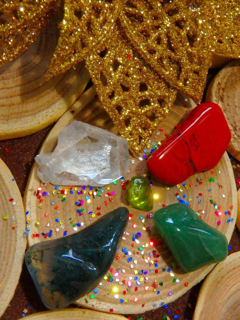 Holiday Cheer Crystal Kit~ Contains Peridot, Red Jasper, Clear Apophyllite, Moss Agate, Aventurine - Earth Family Crystals