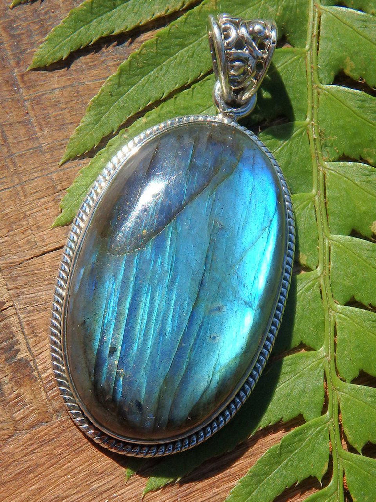Fabulous Sea Foam Blue Flash Large Labradorite Pendant in Sterling Silver (Includes Silver Chain) - Earth Family Crystals
