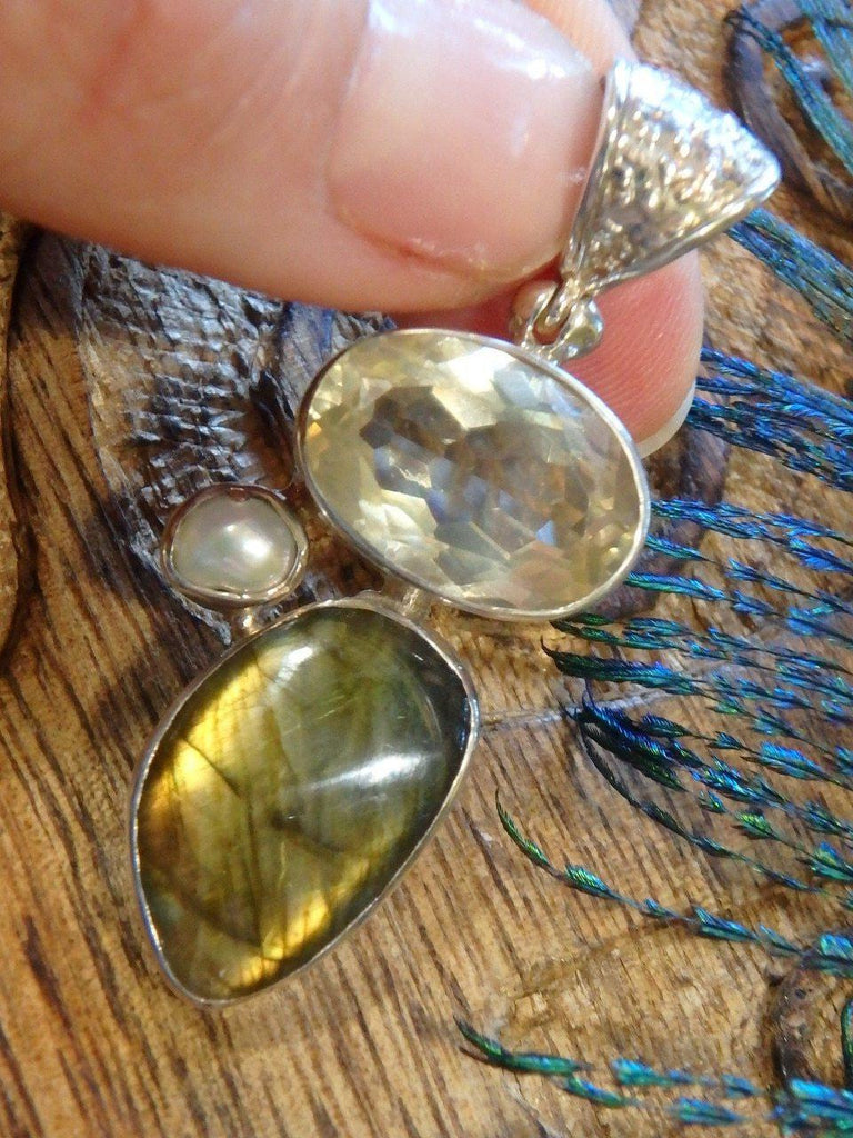 Custom Crafted! Faceted Gemmy Golden Labradorite & Blue Green Labradorite With Accent Pearl Pendant In Sterling Silver (Includes Silver Chain) - Earth Family Crystals