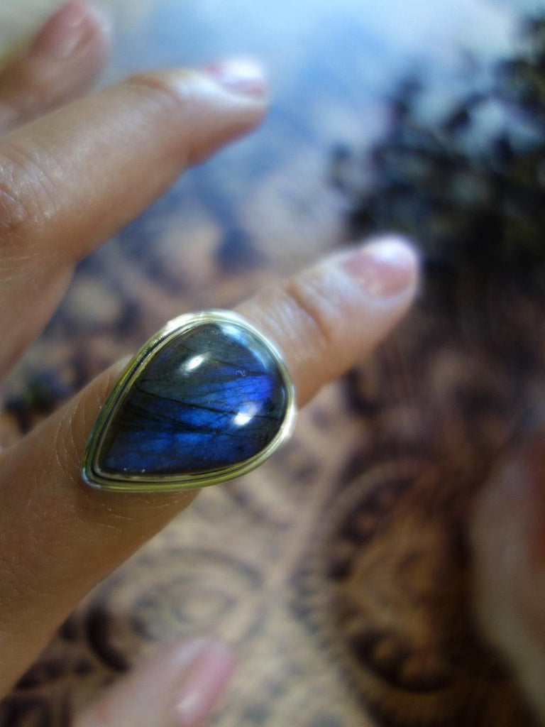 RESERVED FOR NICKY~ Cobalt Flashes Labradorite Pear Shaped Ring In Sterling Silver (Size 6.5) - Earth Family Crystals