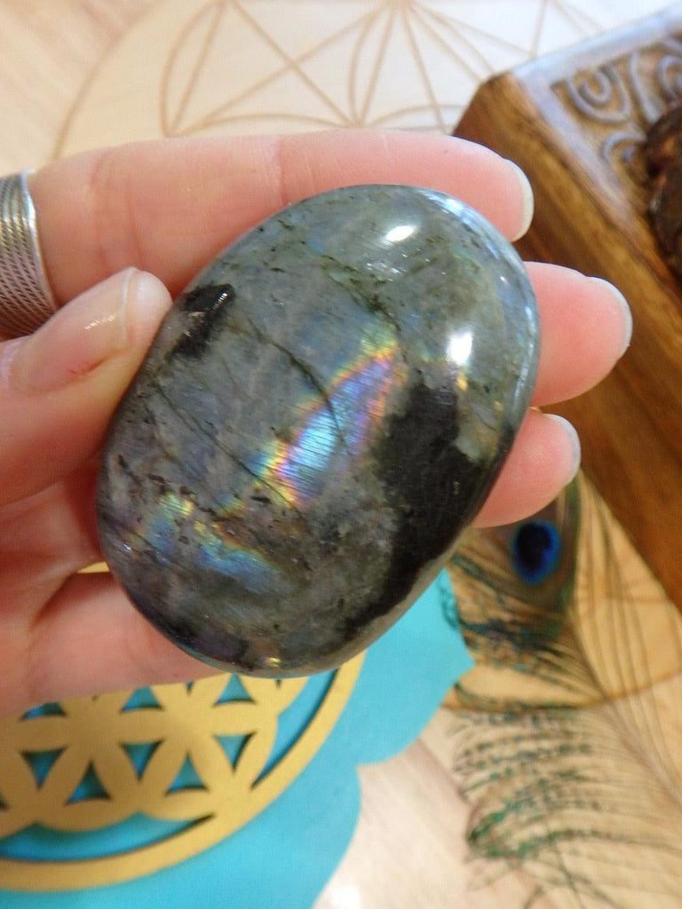 Stunning Hint of Pink & Purple Flashes of Color Labradorite Palm Stone 5 - Earth Family Crystals