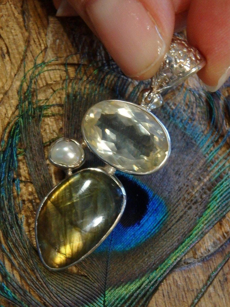 Custom Crafted! Faceted Gemmy Golden Labradorite & Blue Green Labradorite With Accent Pearl Pendant In Sterling Silver (Includes Silver Chain) - Earth Family Crystals