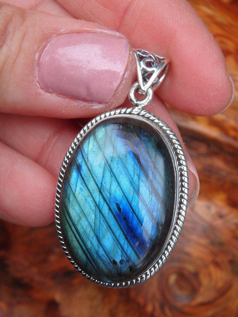 Amazing Ribbons of Sea Blue & Green Flashes Labradorite Pendant In Sterling Silver  (Includes Silver Chain) - Earth Family Crystals