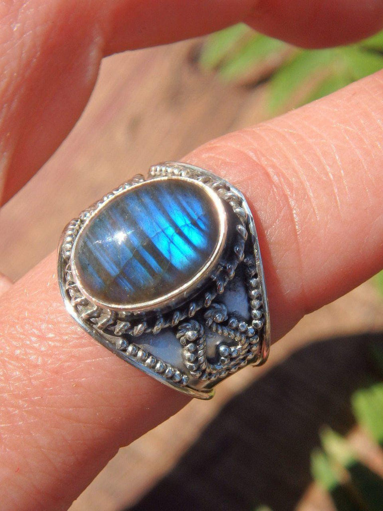 Cobalt Blue Ribbons Labradorite Ring in Sterling Silver (Size 8.5) - Earth Family Crystals