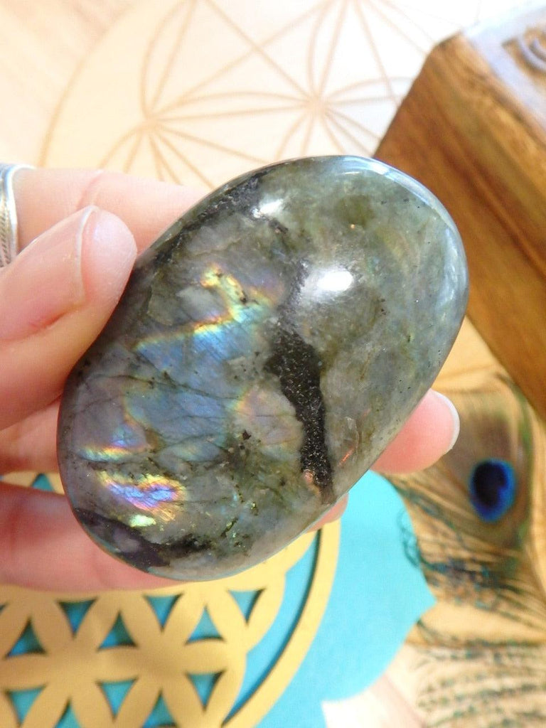 Stunning Hint of Pink & Purple Flashes of Color Labradorite Palm Stone 5 - Earth Family Crystals