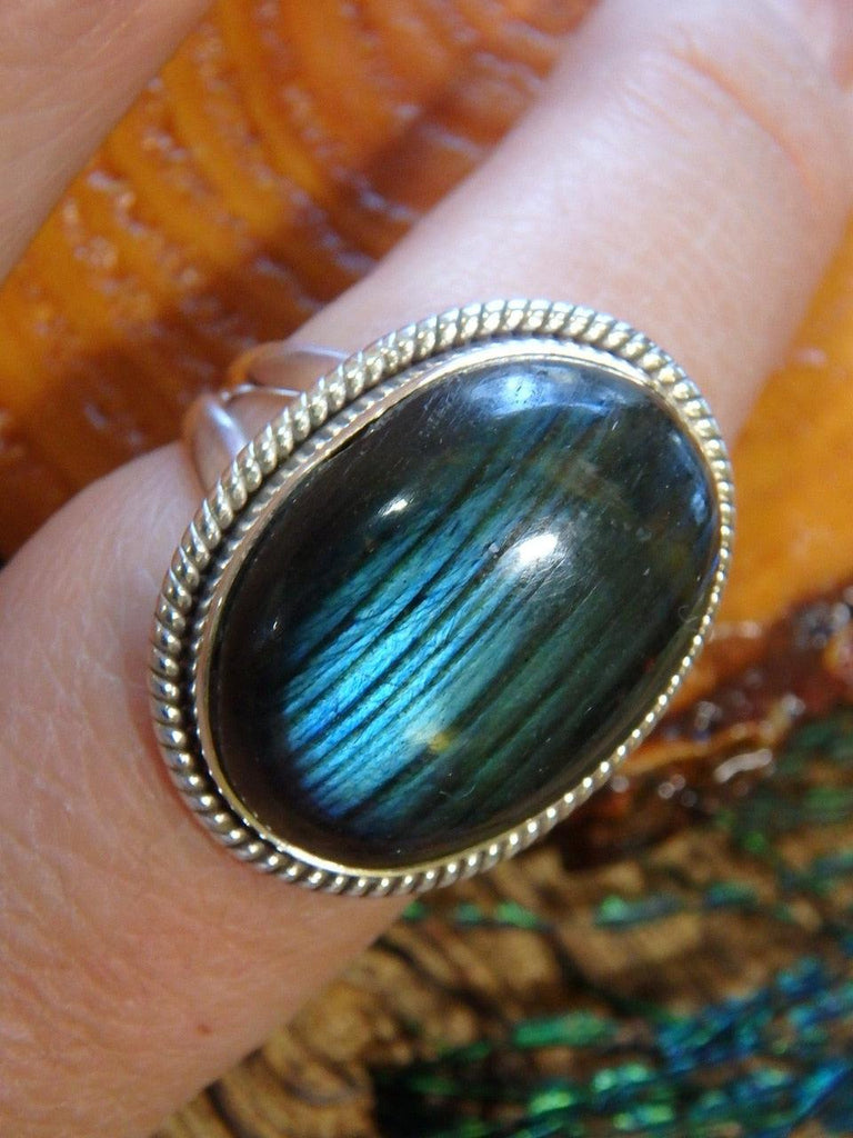 Incredible Ribbons of Blue Green Flash Labradorite Ring In Sterling Silver (Size 8) - Earth Family Crystals