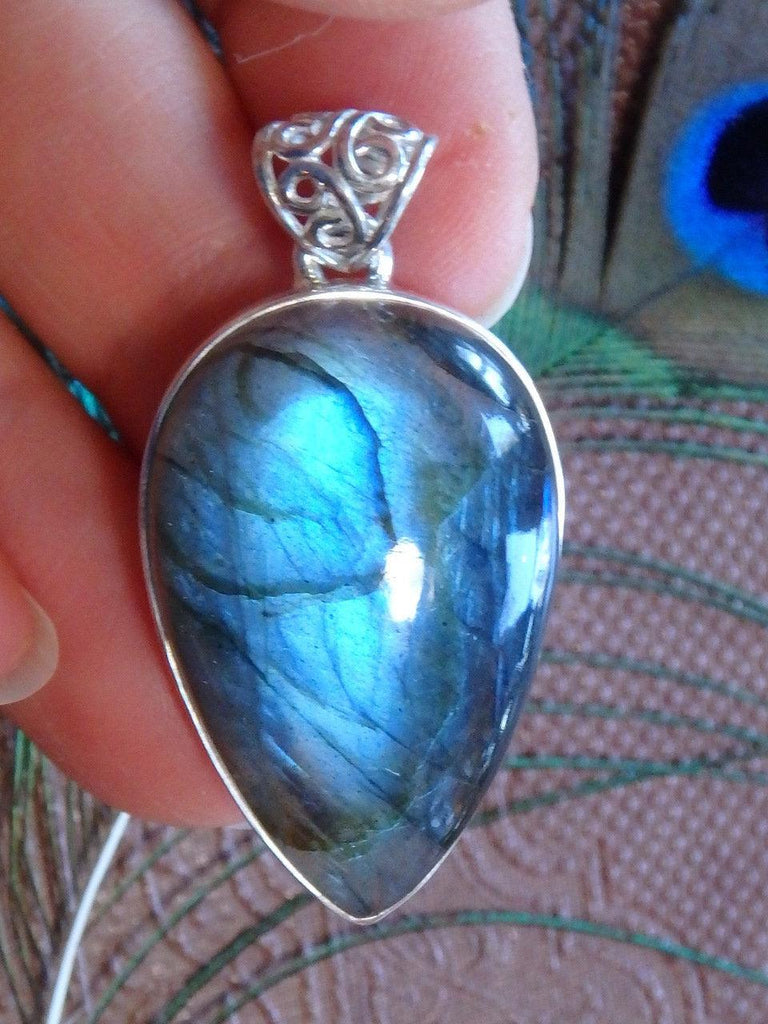 Intense Sea Foam Blue Flashes Labradorite Pendant In Sterling Silver (Includes Silver Chain) - Earth Family Crystals