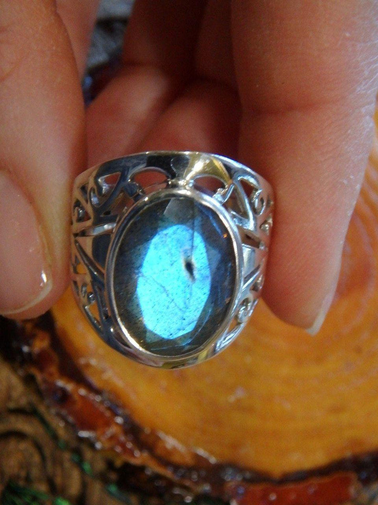 Amazing Design! Faceted Blue Flash Labradorite Ring In Sterling Silver (Size 9) - Earth Family Crystals