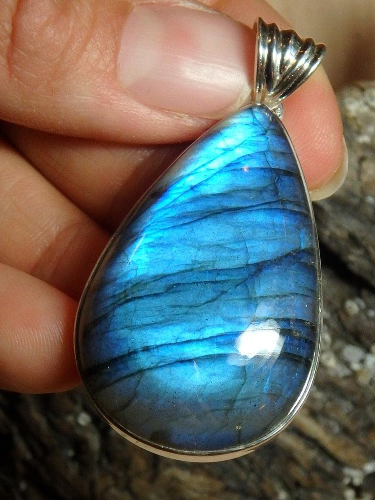 Vibrant Cobalt Blue Flashes Large Labradorite Gemstone Pendant In Sterling Silver (Includes Silver Chain) - Earth Family Crystals