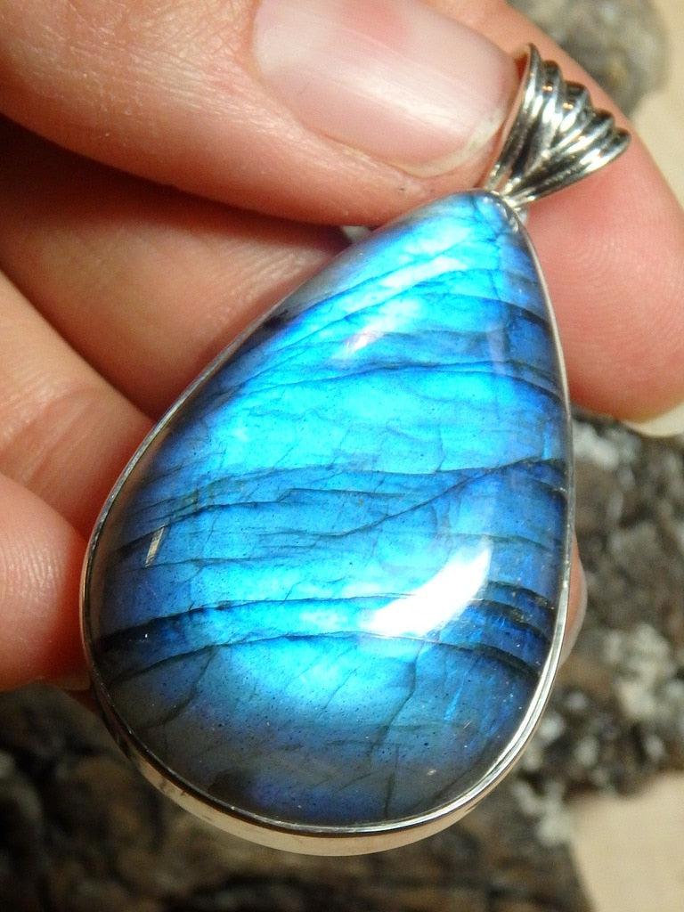 Vibrant Cobalt Blue Flashes Large Labradorite Gemstone Pendant In Sterling Silver (Includes Silver Chain) - Earth Family Crystals