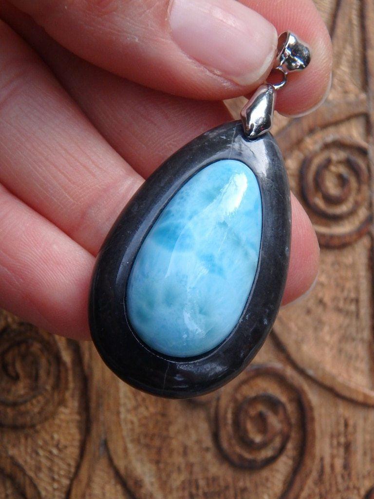 Custom Crafted Black Shamanite & Blue Larimar Pendant In Sterling Silver (Includes Silver Chain) - Earth Family Crystals
