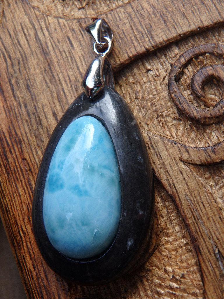 Custom Crafted Black Shamanite & Blue Larimar Pendant In Sterling Silver (Includes Silver Chain) - Earth Family Crystals