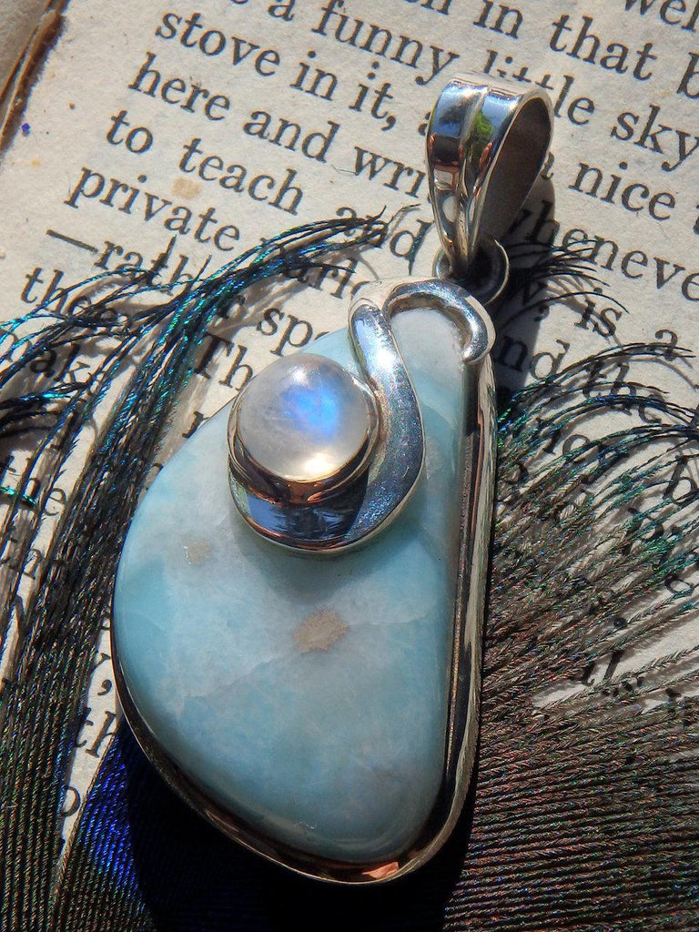 Gorgeous Combo~ Sweet Ocean Blue Larimar & Rainbow Moonstone Accent Stone Pendant in Sterling Silver (Includes Silver Chain) REDUCED - Earth Family Crystals