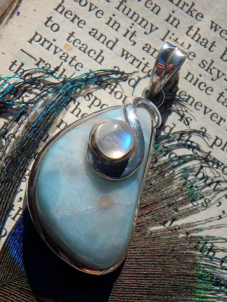 Gorgeous Combo~ Sweet Ocean Blue Larimar & Rainbow Moonstone Accent Stone Pendant in Sterling Silver (Includes Silver Chain) REDUCED - Earth Family Crystals