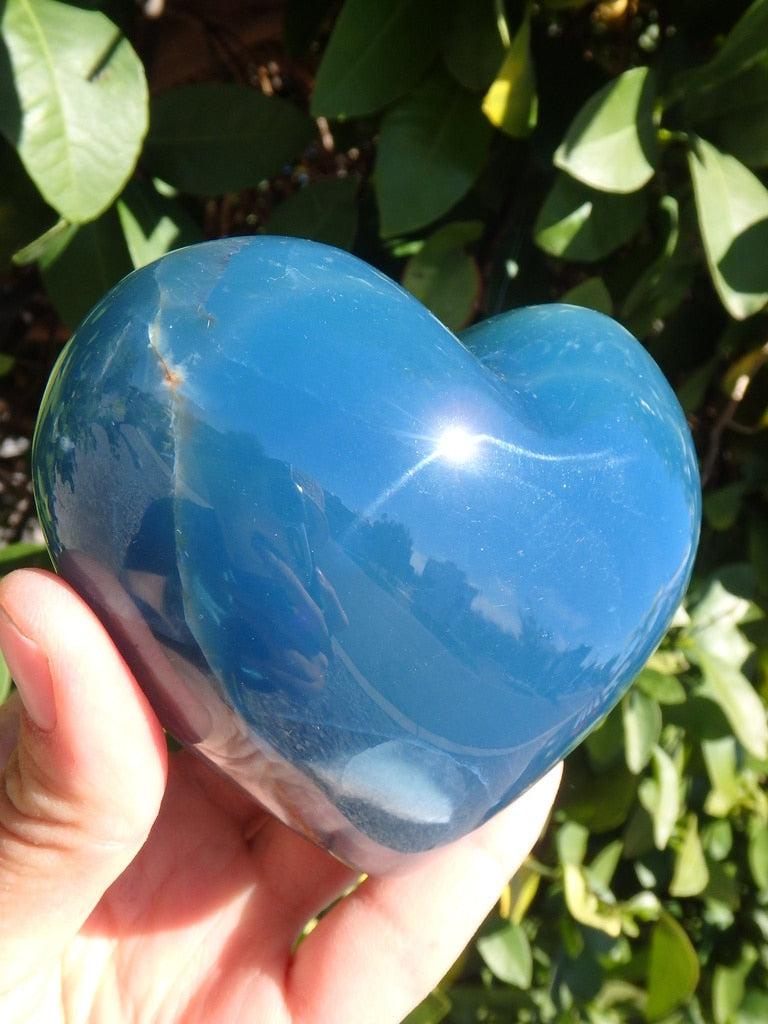 Rare! Breathtaking Large Puffy Deep Blue Lemurian Aquatine Calcite Gemstone Heart Carving - Earth Family Crystals
